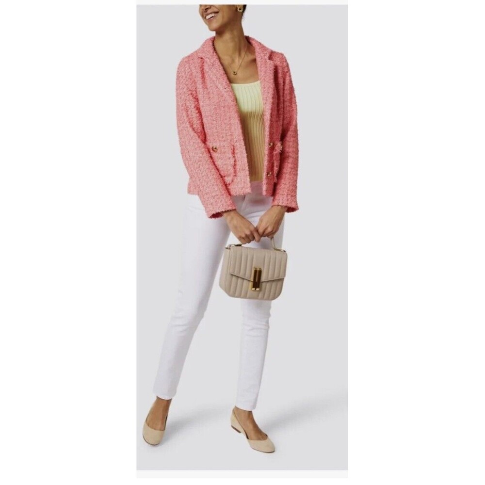 STS Sail To Sable L Button Jacket Blazer Neon Tweed‎ Pink Gold Career Barbie